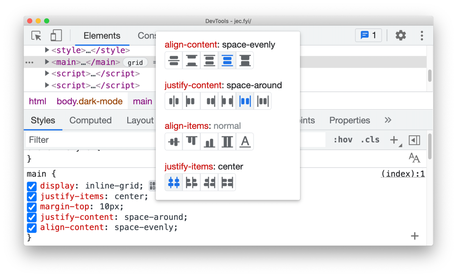 Devtools. Словарь html display:inline-Grid. Justify-content Space-evenly.